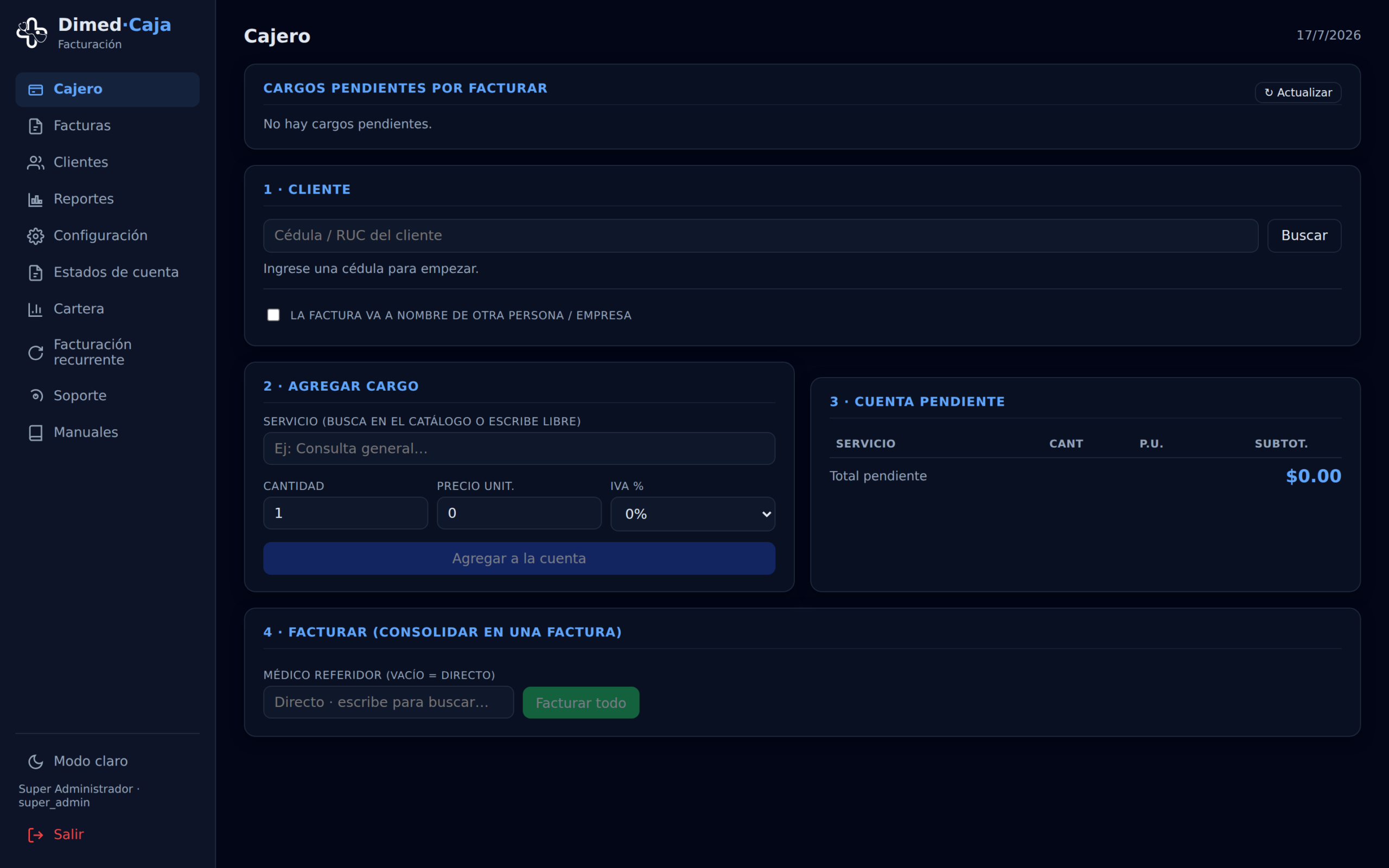 Cargos de todos los módulos consolidados en CAJA listos para facturar