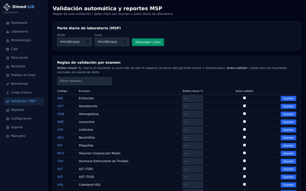 Reglas de auto-validación, delta-check y parte diario de laboratorio