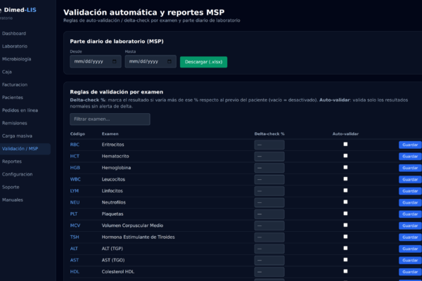 Reglas de auto-validación, delta-check y parte diario de laboratorio