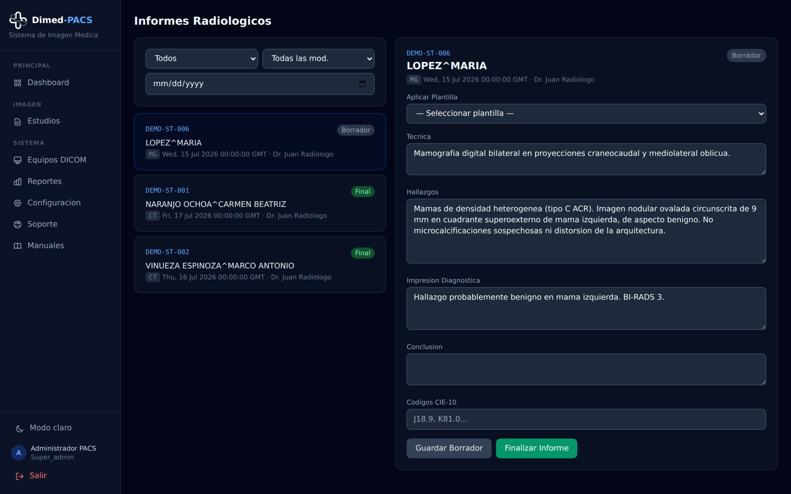 Editor de informes radiológicos con plantillas y códigos CIE-10