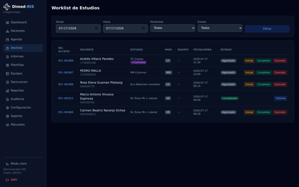 Worklist de estudios radiológicos con estados y números de acceso