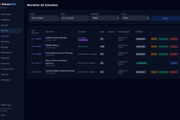 Worklist de estudios radiológicos con estados y números de acceso