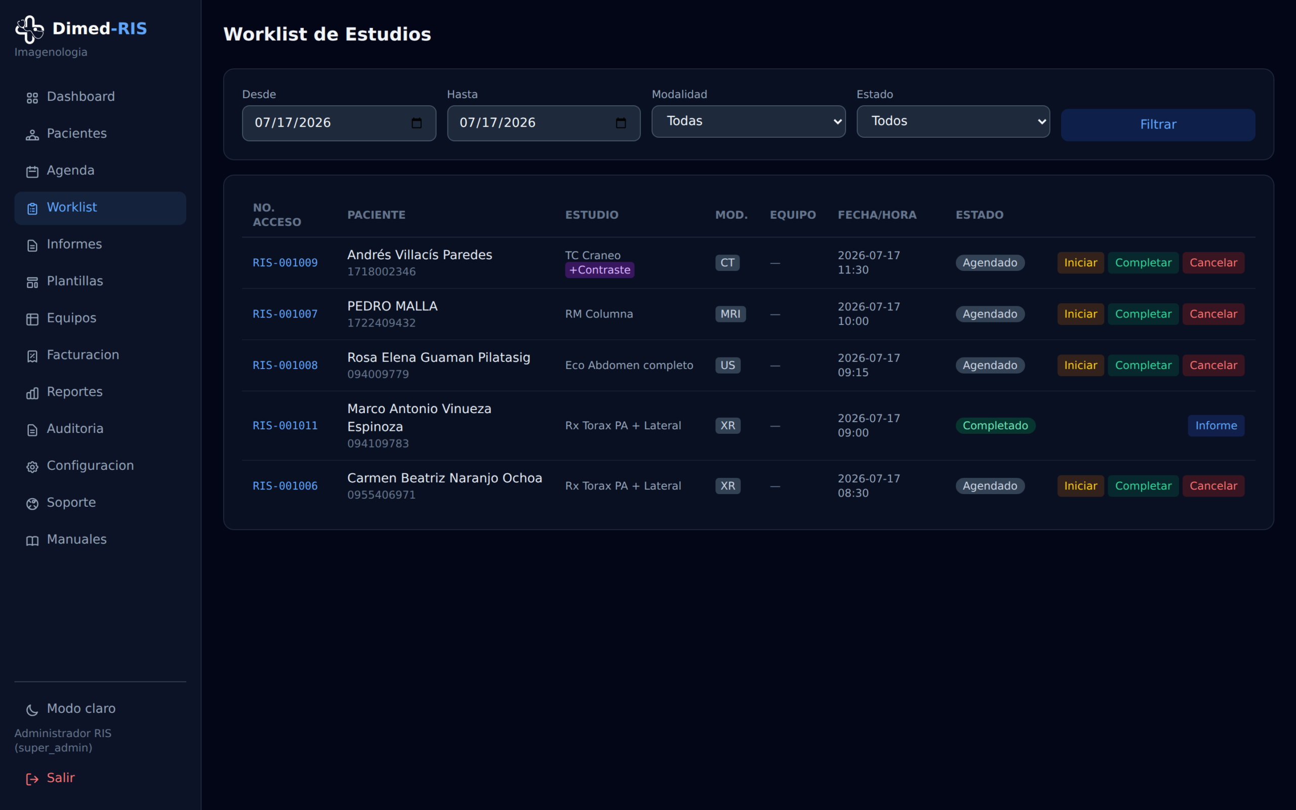 Worklist de estudios con números de acceso y estado en tiempo real